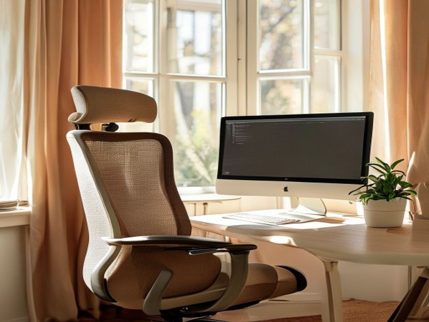 Ergonomisk arbetsstol och skrivbord vid ljust fönster